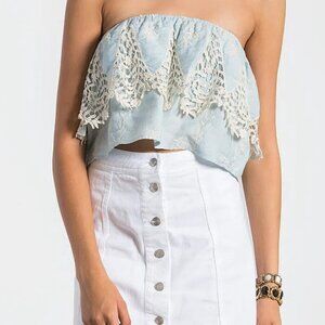 New Sans Souci Embroidered Ruffle Tube Top Light Blue Cream Size Medium